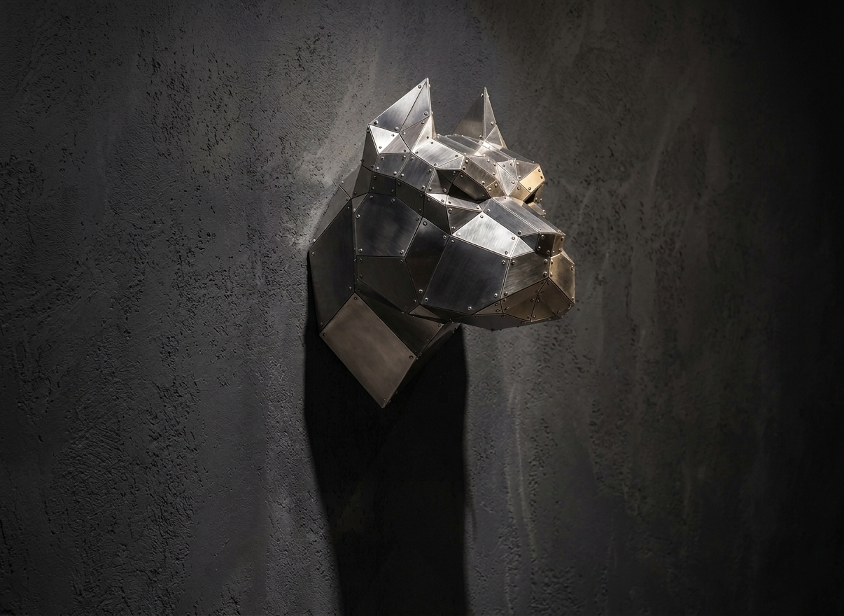 The Ares pitbull head sculpture, stainless steel by Ironhush
